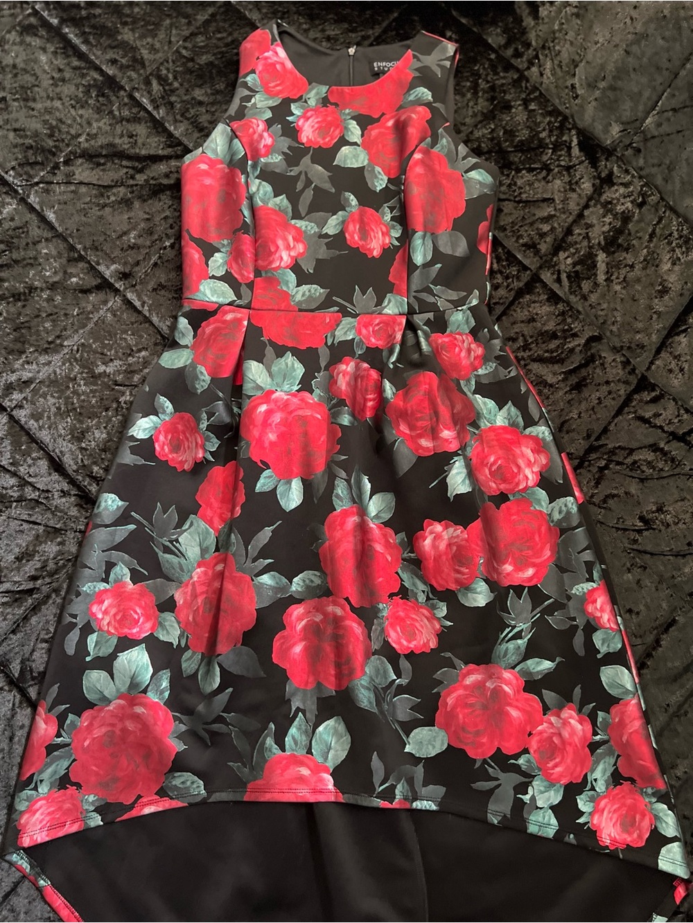 Enfocus Studio Black High-Low Dress with Red Rose Print